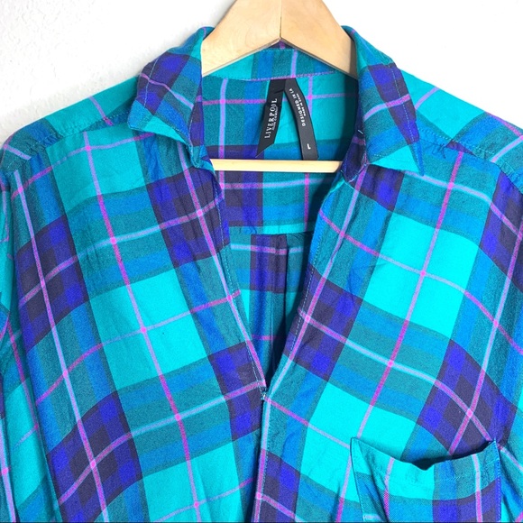 Liverpool blouson wrap plaid 3/4th sleeve top L - Picture 2 of 7